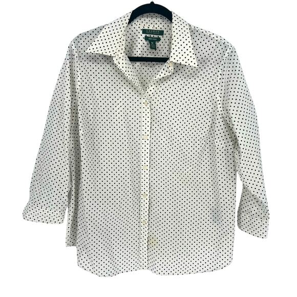 LAUREN Ralph Lauren Women’s Polka Dot 3/4 sleeve Button Down - white & black 1X - Picture 1 of 6